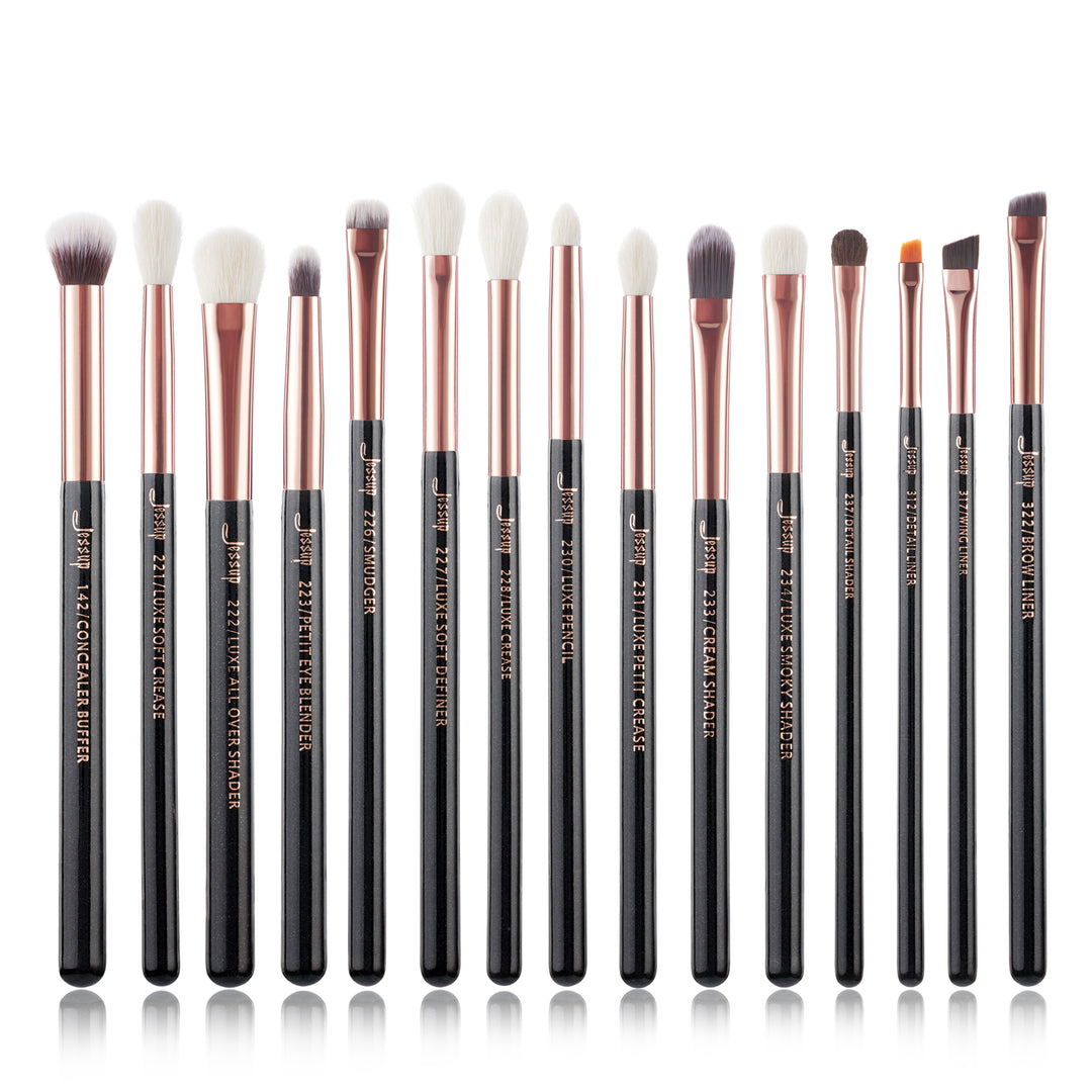 luxury makeup eye brushes set soft black and rose gold 15pcs - Jessup Beauty