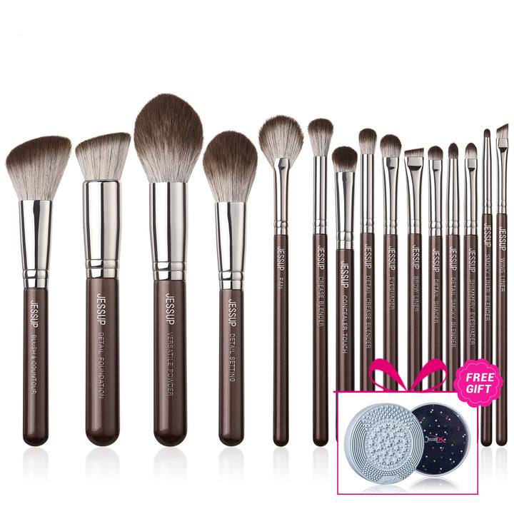 مجموعة فرش مكياج بنية احترافية فاخرة من 15 قطعة T498