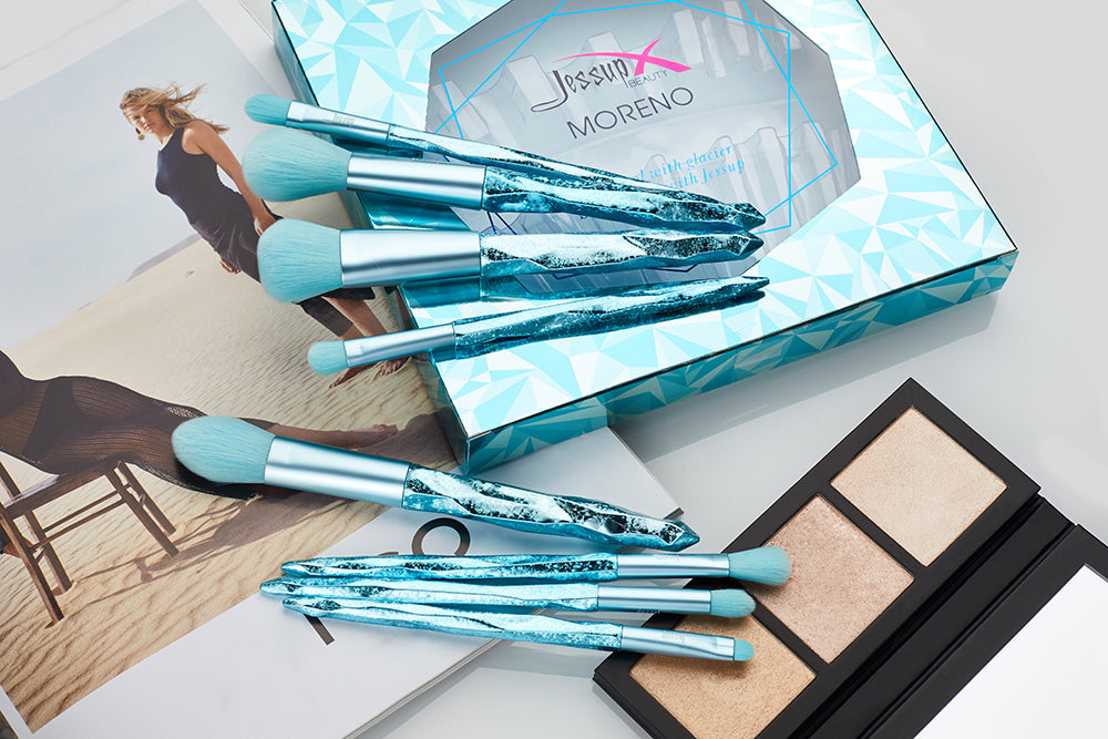makeup brushes set blue 8pcs - Jessup Beauty