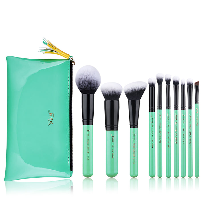 best beauty gift set green makeup brushes with storage bag 10pcs - Jessup Beauty