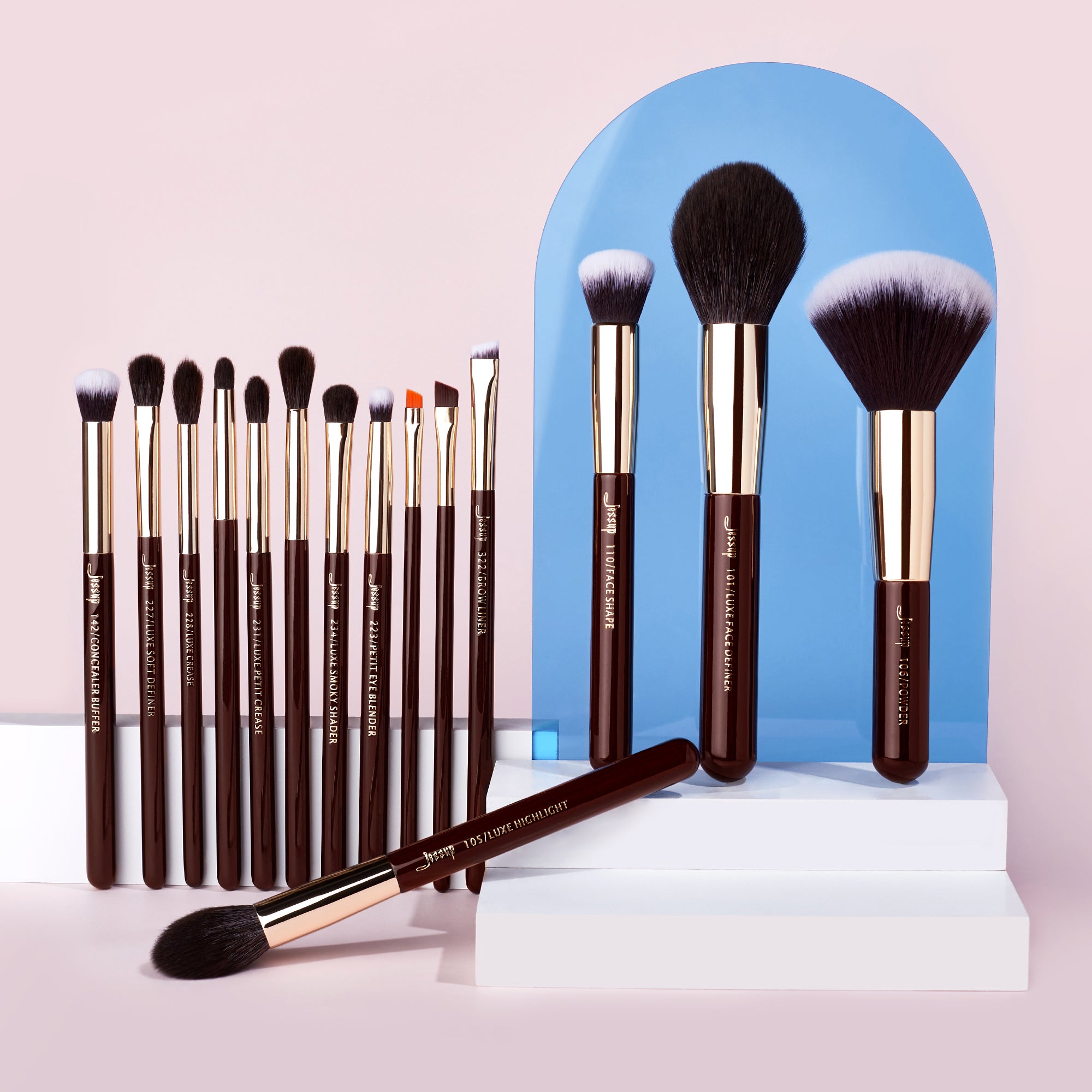 Full Face Makeup Brush Set Eyes Lip Brow brown 15pcs - Jessup Beauty