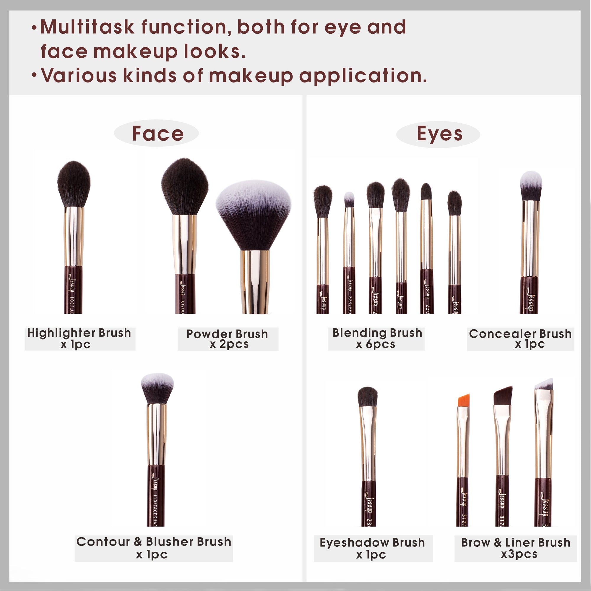 Full Face Makeup Brush Set Eyes Lip Brow brown 15pcs - Jessup Beauty
