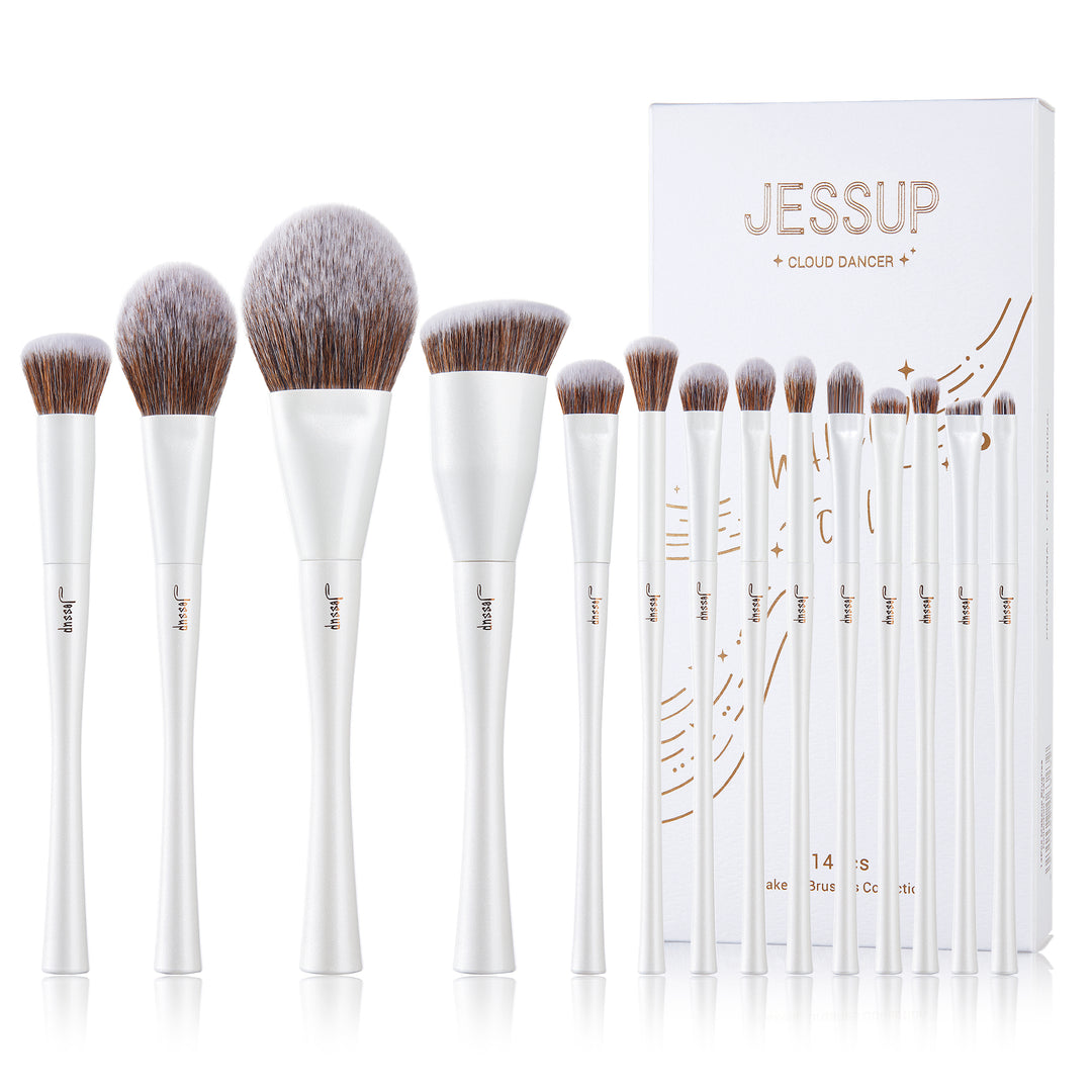 Jessup Makeup Brush Set 14 Pieces Makeup Brush Premium Synthetic Foundation Concealer Blush Contour Powder Eyeshadow Blending Brush Pearl White T343
